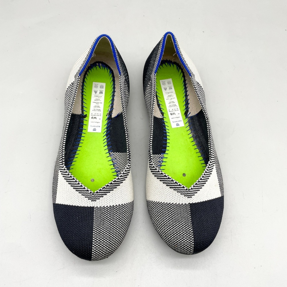 Rothys Womens 8 The Flat Round Toe Shoes Plaid Black Cream Preppy NO INSOLES